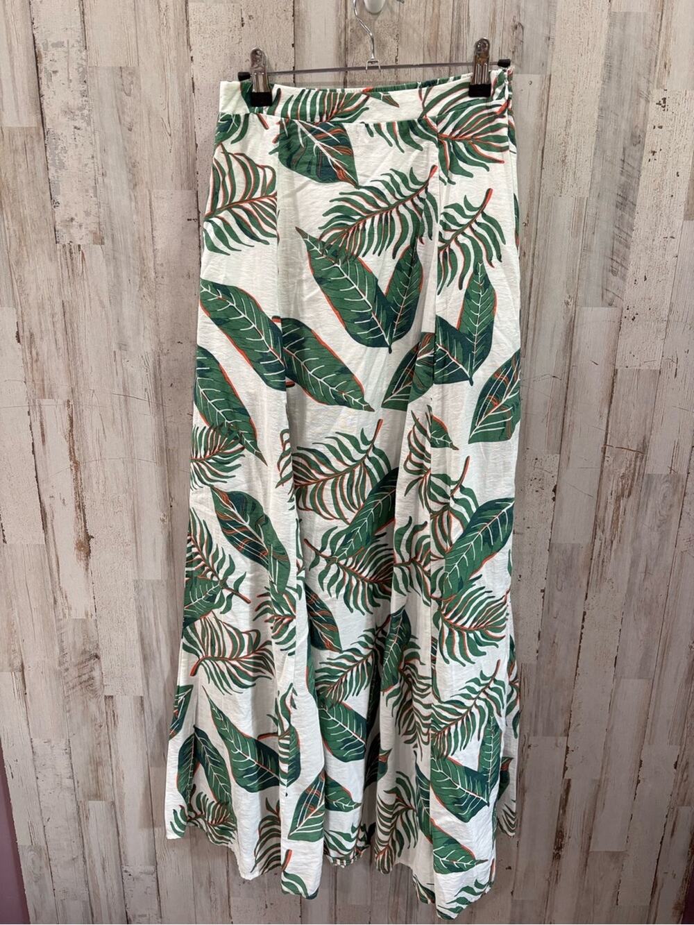 Aakaa White Maxi Skirt with Green Tropical Leaf Print